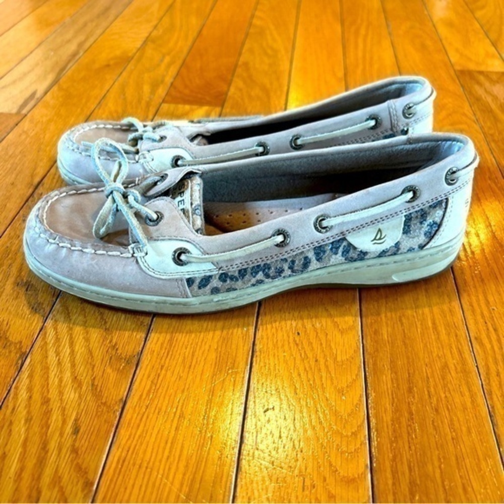 Sperry Light Gray Suede Leopard-Accent Boat Shoes